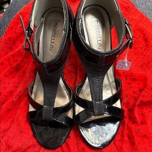 Marbella Glossy Black Heeled Sandals 7.